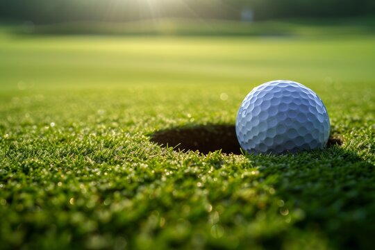 A solitary golf ball sits among the vibrant green grass, waiting to be struck by a foursome of players on the picturesque golf course