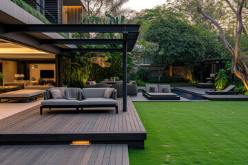 a lavish side outside garden at morning, with a teak hardwood deck and a black pergola. Scene in the evening with couches and lounge chairs by the pool