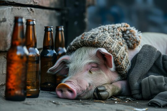 A suidae swine enjoying a bottle of beer while relaxing outdoors, sporting a stylish hat and contently lying on the ground