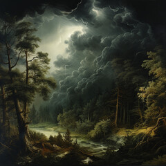 lightning in the forest, storm