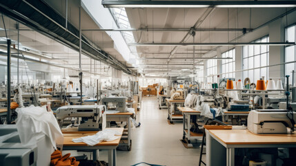 The interior is a large industrial sewing factory with modern equipment, sewing machines and workers. Tailoring, Business concepts.