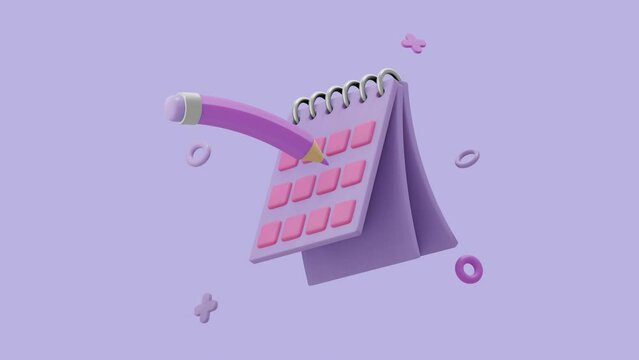 Flying calendar and pencil. Month calendar on the desk or wall with pencil. Concept modern design. Bright purple background 3d render with alpha matte mask.