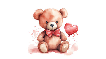 Teddy bear in watercolor cutout. Valentines day bear with heart cutout
