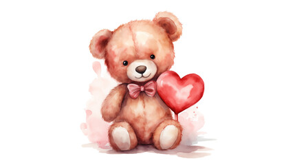 Teddy bear in watercolor cutout. Valentines day bear with heart cutout