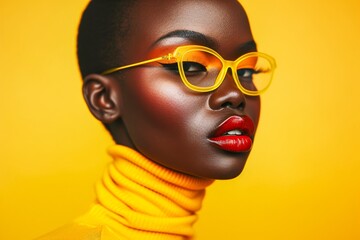 A stylish woman with a yellow-tinted view dons her sunglasses indoors, adding a touch of fashion to her human face