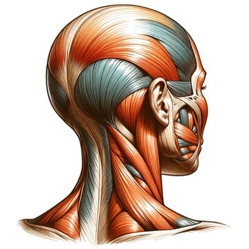 Color Anatomical Representation Of Muscle Groups Focused On The Back Of The Female Human Head.