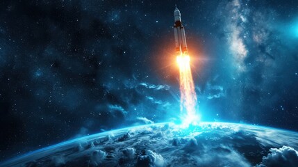 Rocket takes off from the surface of the earth in space. Astronomical science background, infinite universe.