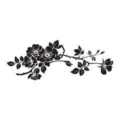 Vector graphic of Rose with leaves. Isolated on White background.  Flower silhoutte. Flowers design elements. Monochrome rose tattoo. Vector illustration