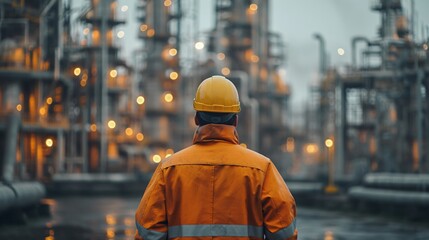 Back view of industrial worker wearing uniform and safety helmet standing near industry factory.