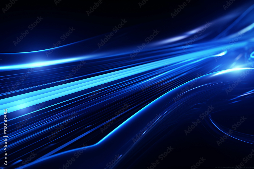 Poster blue wave energy flow abstract design with light lines and fractal motion.
