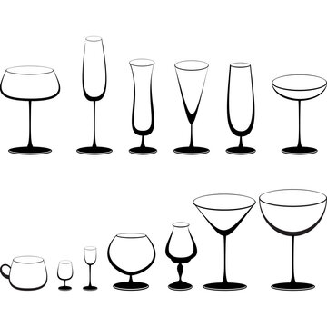 Set of glasses for alcoholic drinks. Set of wine glasses icons isolated on white background. Set of empty wineglasses and glasses icons of different shapes with no filling. Vector illustration.
