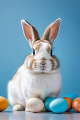 Easter bunny and colorful eggs on light blue background. Easter holiday concept. Happy Easter!