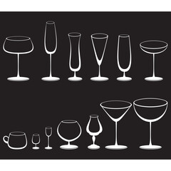 Set of glasses for alcoholic drinks. Set of wine glasses icons isolated on black background. Set of empty wineglasses and glasses icons of different shapes with no filling. Vector illustration.