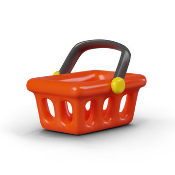 Realistic red shopping cart. Empty plastic shopping basket. Vector template for online store design. Cute element for promotional, advertising layouts
