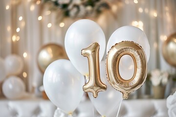 10. Hochzeitstag, 10. Hochzeitsjubiläum, Rosenhochzeit, "10" aus goldenen Heliumballons vor festlichem Hintergrund
