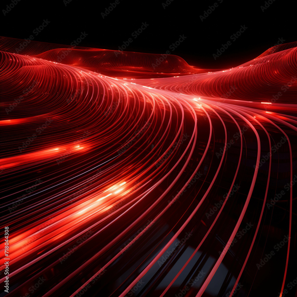 Poster red wave energy flow abstract design with light lines and fractal motion.
