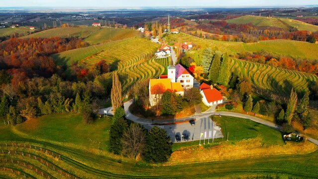 Stunning aerial 4K drone footage  of an wine region of Jeruzalem, Slovenia. Filmed on a crisp, sunny late autumn day, this video shows beautiful Slovenian countryside surrounded by vineyards.