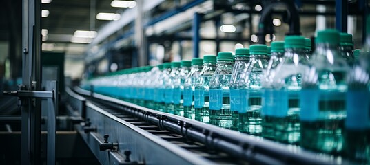 Water bottles on conveyor belt in a contemporary beverage production facility with modern equipment
