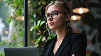 Portrait of young businesswoman in eyeglasses using laptop in cafe