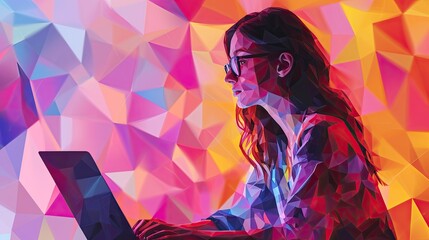 Young woman working on laptop in low poly style. Multicolor background
