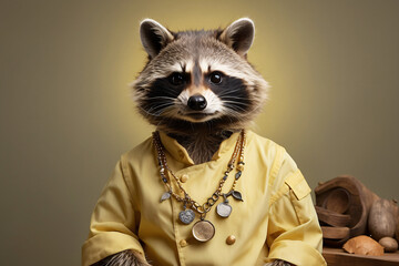 raccoon wearing a gold necklace on a yellow background - obrazy, fototapety, plakaty