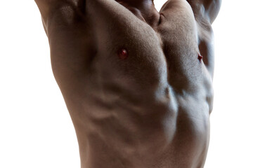 Close up cropped photo of torso of young naked athletic guy against white background. Fitness,...