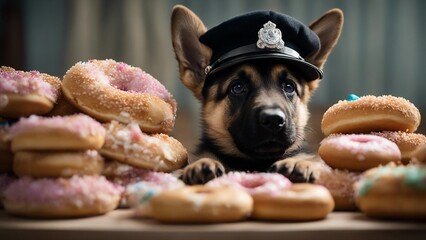 portrait of a dog A German Shepherd puppy with a comical expression, wearing a tiny police hat and sitting next to a pile of doughnuts doughnut 