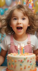 Happy birthday excited child girl celebrating and having fun at kids birthday party