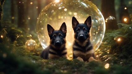 german shepherd dog highly intricately detailed photograph of Little German shepherd dog puppy  in front of a warp bubble  - obrazy, fototapety, plakaty