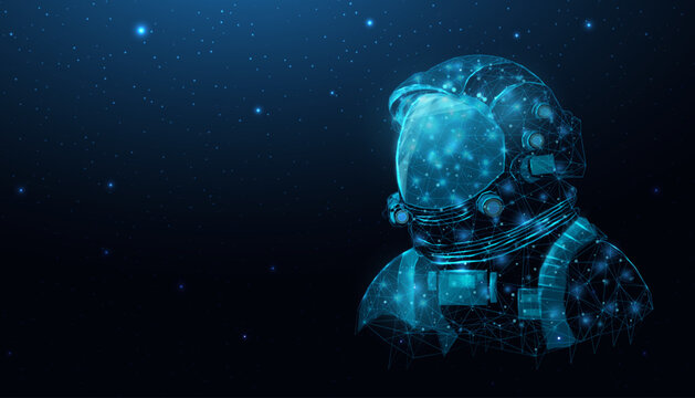 Wireframe astronaut in space galaxy close up. Futuristic polygonal cosmonaut helmet, space tourism concept. Starry abstract background with glowing human. Vector illustration.