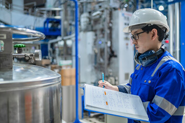 Asian engineer working at Operating hall,Thailand people wear helmet  work,He worked with diligence and patience,she checked the valve regulator at the hydrogen tank.