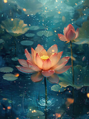 Magical lotus in the pond, in style of digital painting - 718046507