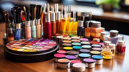 Obraz na płótnie Canvas Professional makeup artist tools vibrant high quality products illuminated by studio lighting
