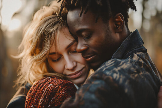 International couple in love, American African man and European woman. Love concept banner