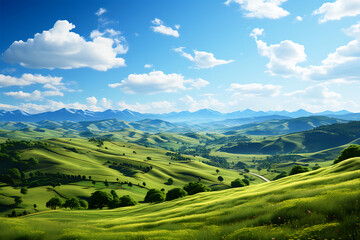 View of a Natural picturesque rural landscape and rolling hills under a blue sky