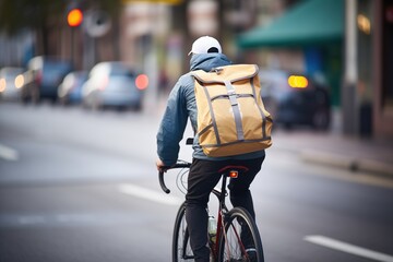 cyclist with large delivery backpack riding in city