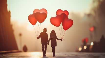 View om couple's silhouette holding in hands a red heart air balloons