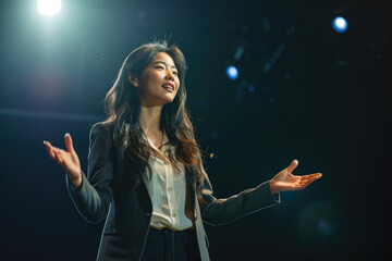 Portrait of a female speaker standing in front of the crowd presenting her presentation