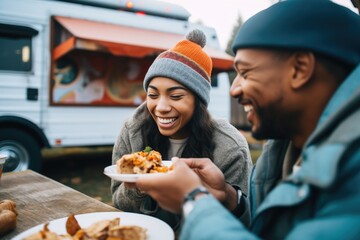 young couple eating woodfired pizza beside a rustic looking food truck