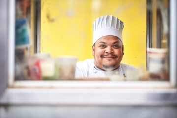 chef in a window of a food truck garnishing gourmet dishes