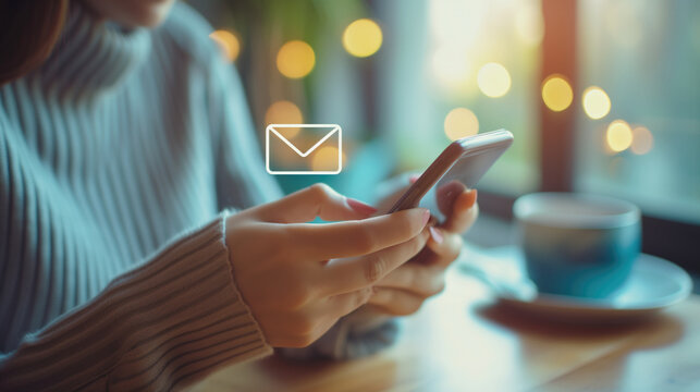 Woman hands using smartphone with new email alert sign icon pop up, Female using phone for check email for work or sending text SMS short message at home, Online communication concept, generative ai