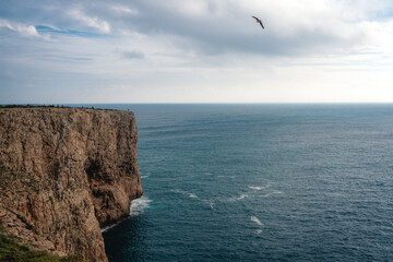 High angle view of cliffs and Atlantic ocean at Cabo De Sao Vincente, Portugal