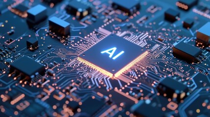 Fototapeta premium Ai computer data center render, Cyberpunk AI Circuit board, Technology background Central Computer Processors CPU and GPU concept, Artificial Intelligence concep, generative ai