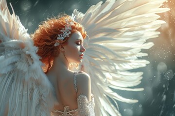 Beautiful angelic woman with enormous wings. Generative Ai.