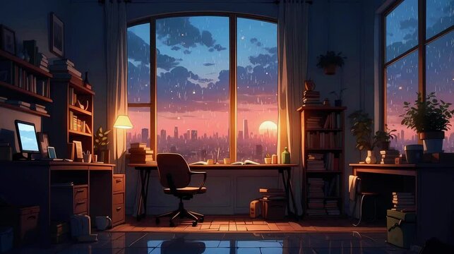 Tranquil Lofi Room with Rain Ambience for lofi Rain music.
