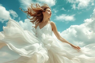 Fototapeta na wymiar Sensual and stylish woman in a white flowing dress. Generative Ai.