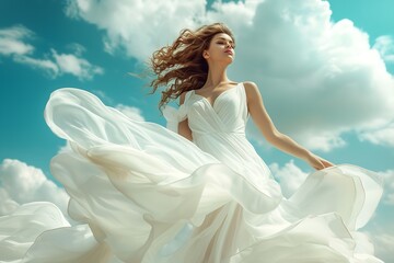 Fototapeta na wymiar Sensual and stylish woman in a white flowing dress. Generative Ai.