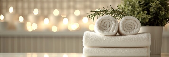 Soothing spa setup with soft towels, herbal bags, and beauty treatment essentials