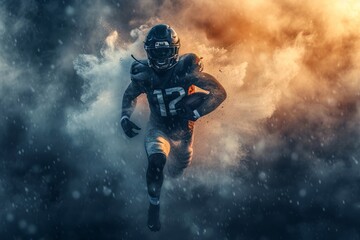 Fototapeta na wymiar An electrifying shot of a digital football player sprinting through a thrilling outdoor landscape in a dynamic action-adventure game, brought to life through expert digital compositing and captivatin