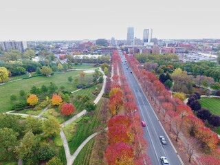 Aerial View of Autumn Urban Park and Cityscape, Fort Wayne